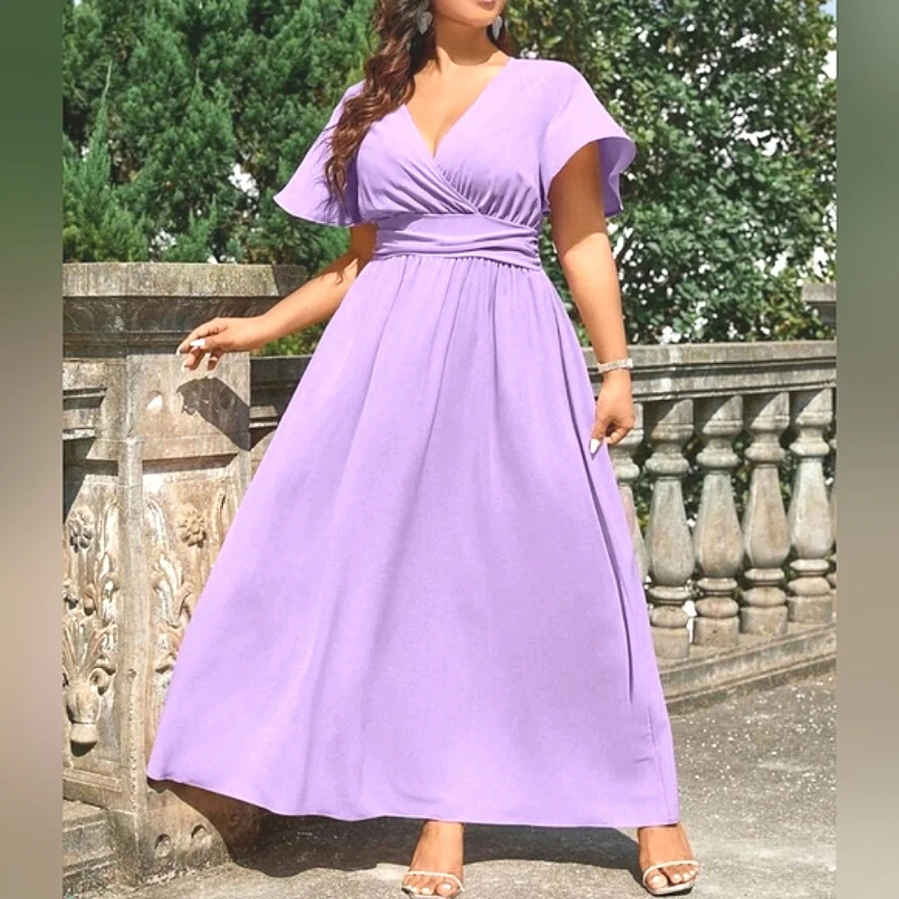 NEW Chic Ruched Waist Flutter Sleeve Maxi Dress PLUS Lavender Purple